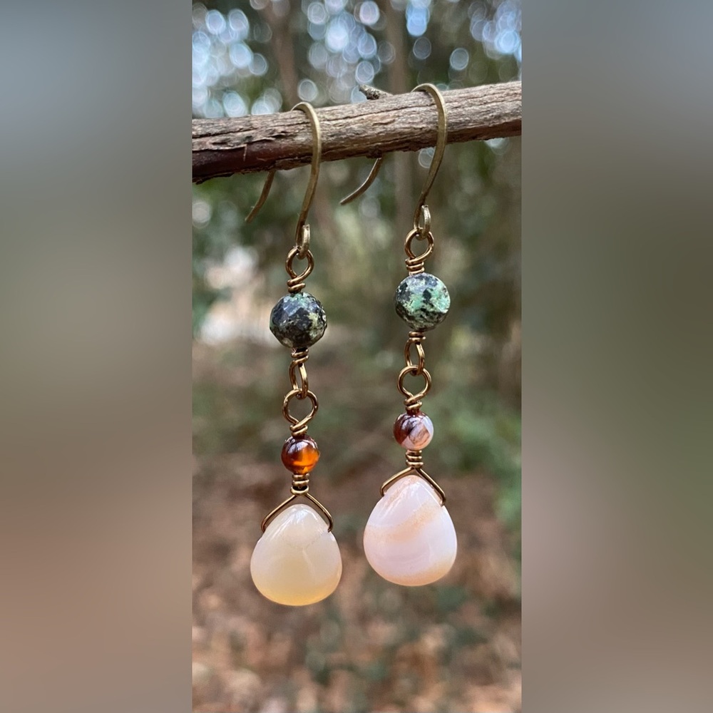 African Turquoise and Dream Agate Dangle Earrings - Picture 4 of 6